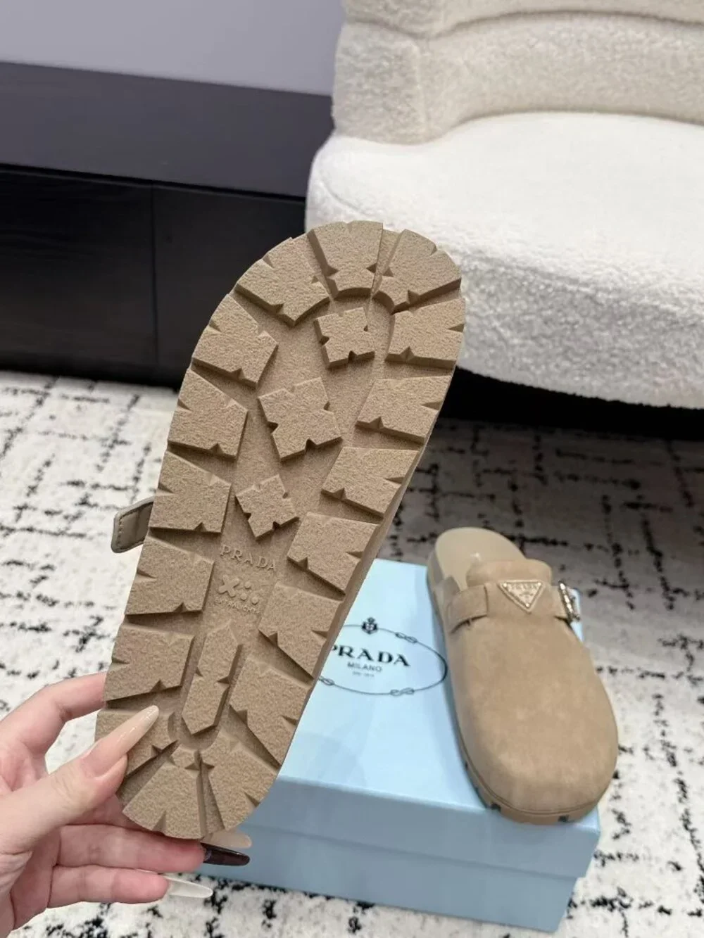 Prada Beige Suede Triangle Logo Buckle Slip-On Mule Clogs